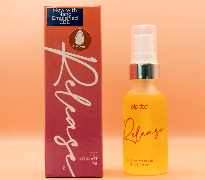 CBD intimate oil bottle and packaging against an orange background.