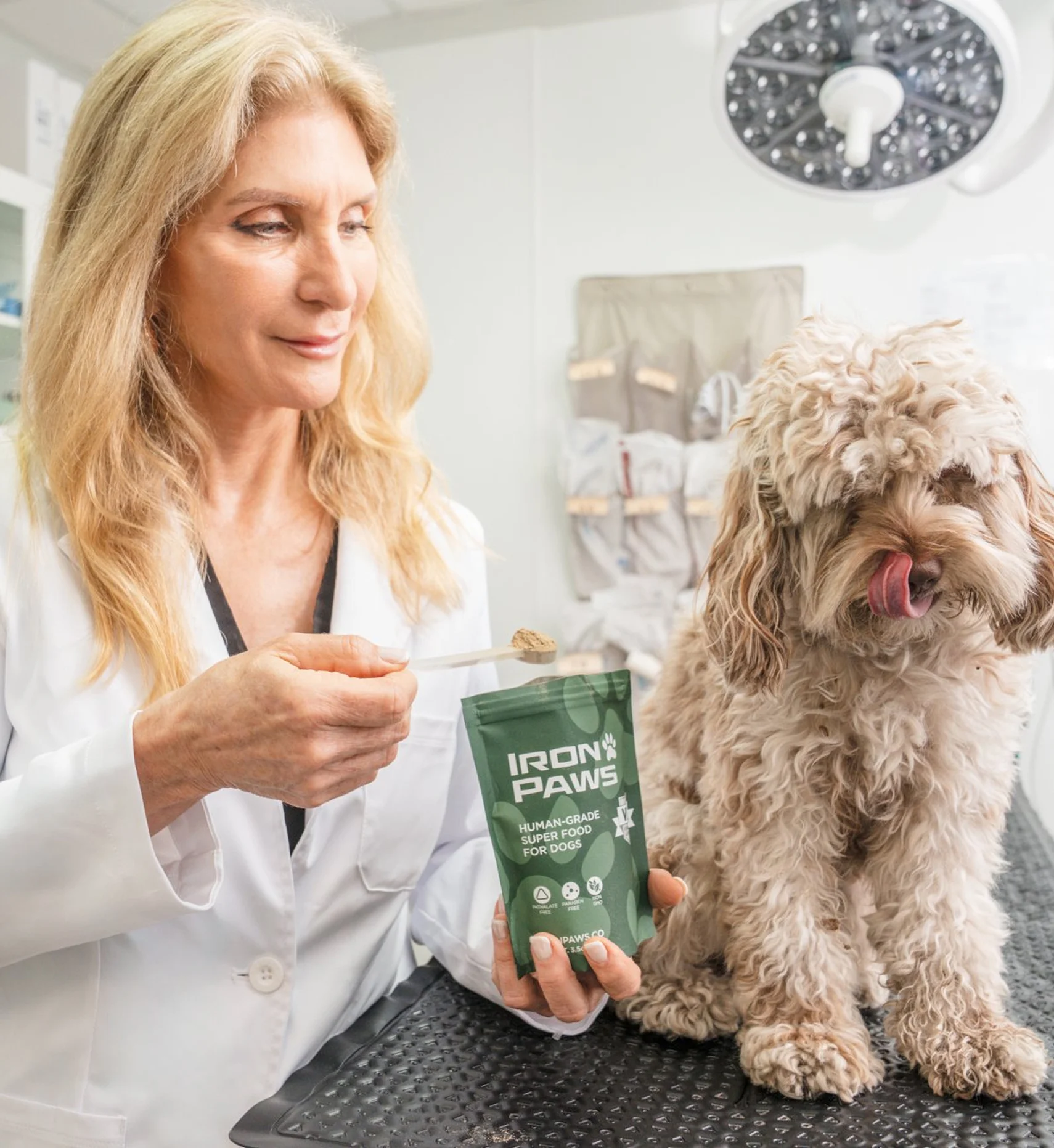 A veterinarian in a white lab coat offers a spoonful of a supplement to a fluffy dog.