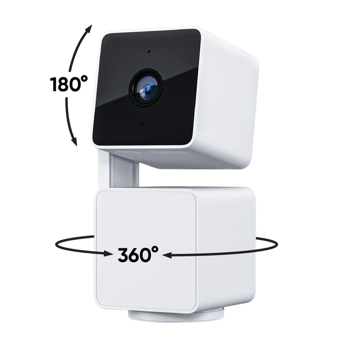 White security camera with 360-degree rotation arrows.