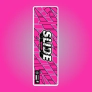 A vertical pink rectangular box with the word 'SLIDE' written in a stylized font on a geometric background.