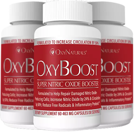 Three bottles of OxyBoost dietary supplement with red labels.