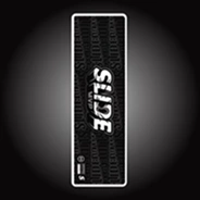 Black rectangular grip tape with the word 'SLIDE' in white 3D lettering against a dark, vignetted background.