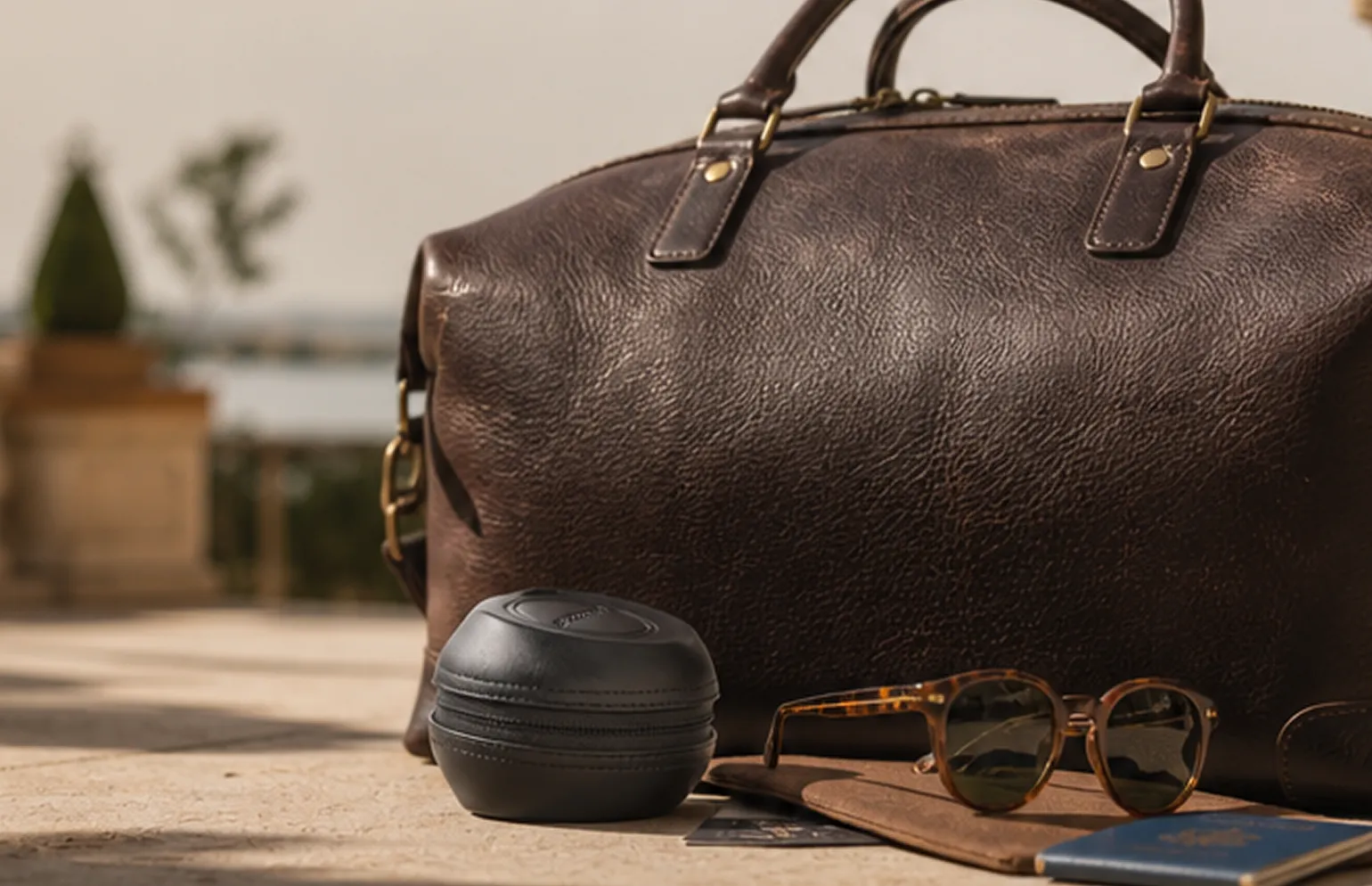 A brown leather travel bag sits on a stone surface with sunglasses, a passport, and a case.