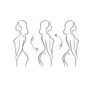 A line drawing showing a woman in profile correcting her posture from slouched to straight.