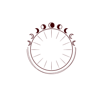A line art illustration of a circle with sun rays, topped by an arc of moon phases.