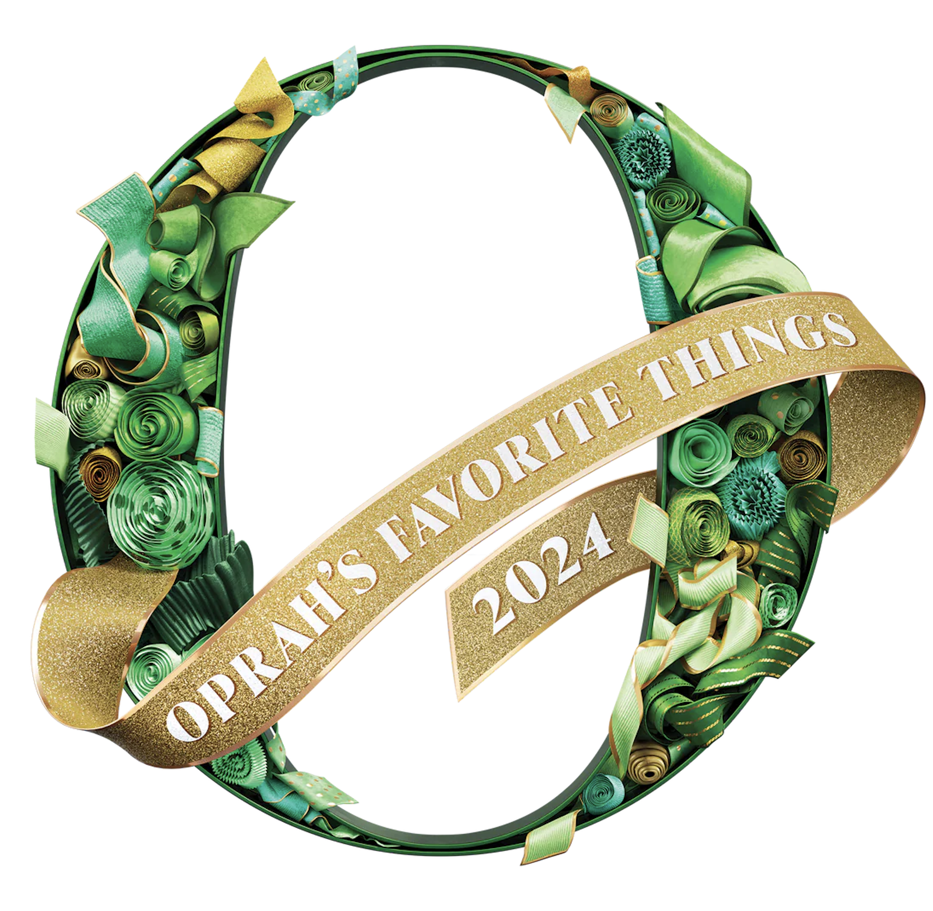 The letter O made of green and gold ribbons with a banner reading 'Oprah's Favorite Things 2024'.