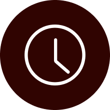 White clock icon on a dark brown circular background.