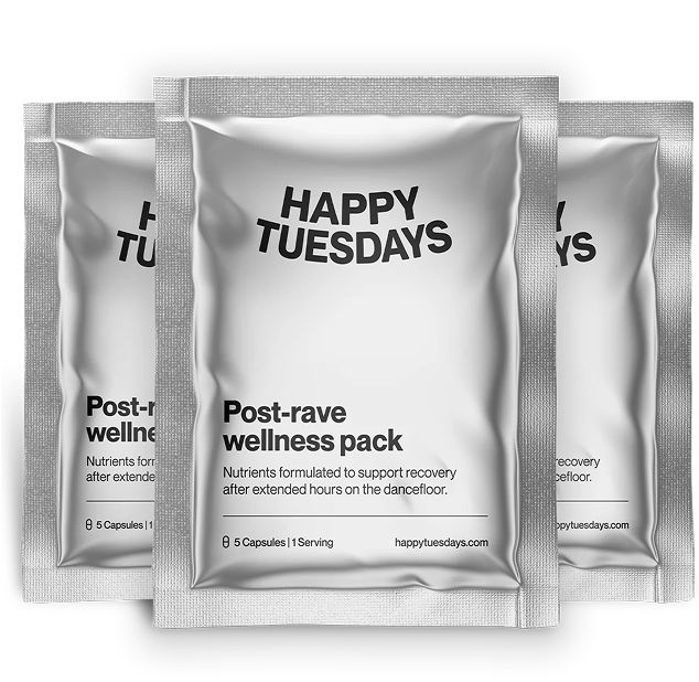 Two packets labeled 'Happy Tuesdays' with capsules around them.