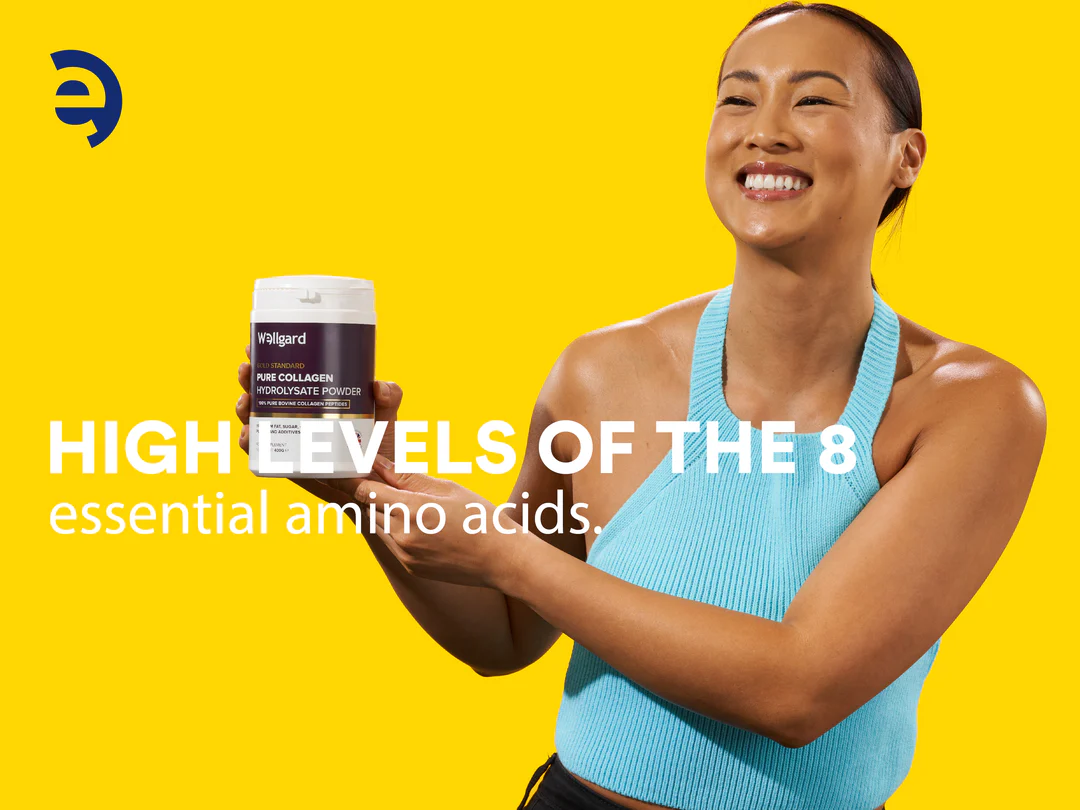 Smiling person holding collagen powder, yellow background, text about essential amino acids.