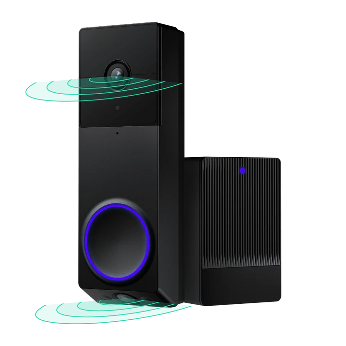 Black smart doorbell with camera and blue LED ring.