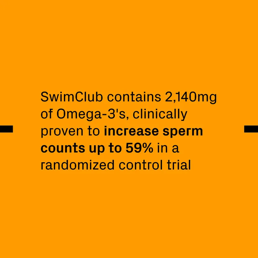 Black text on an orange background advertising a product called SwimClub and its effect on sperm count.