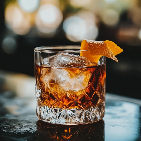 Glass of whiskey with ice and orange peel garnish.