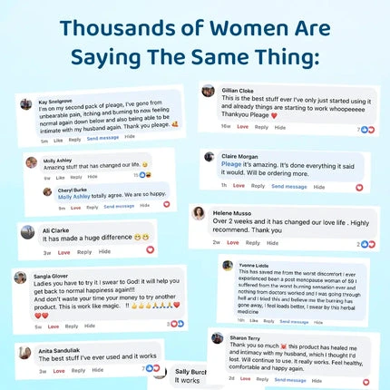An advertisement featuring numerous positive testimonials from women, displayed as social media comments.