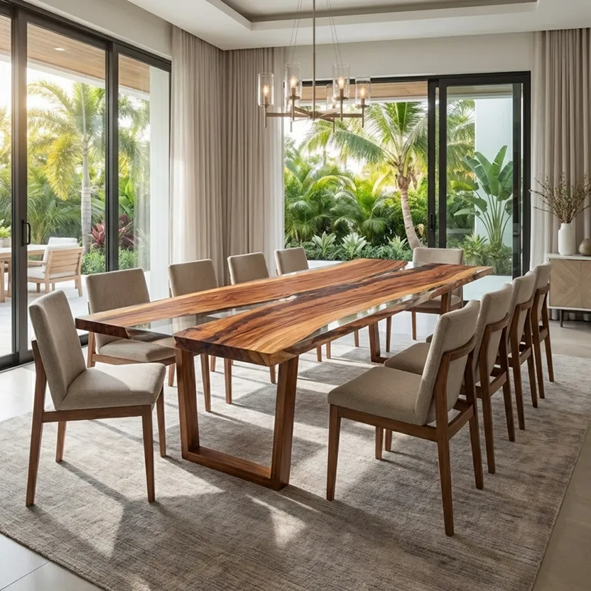 A long wood and glass dining table with ten chairs in a sunlit room overlooking a tropical patio.