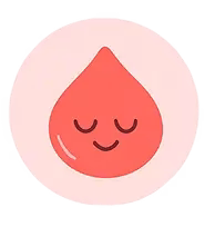 Smiling red droplet with closed eyes on a pink circular background.