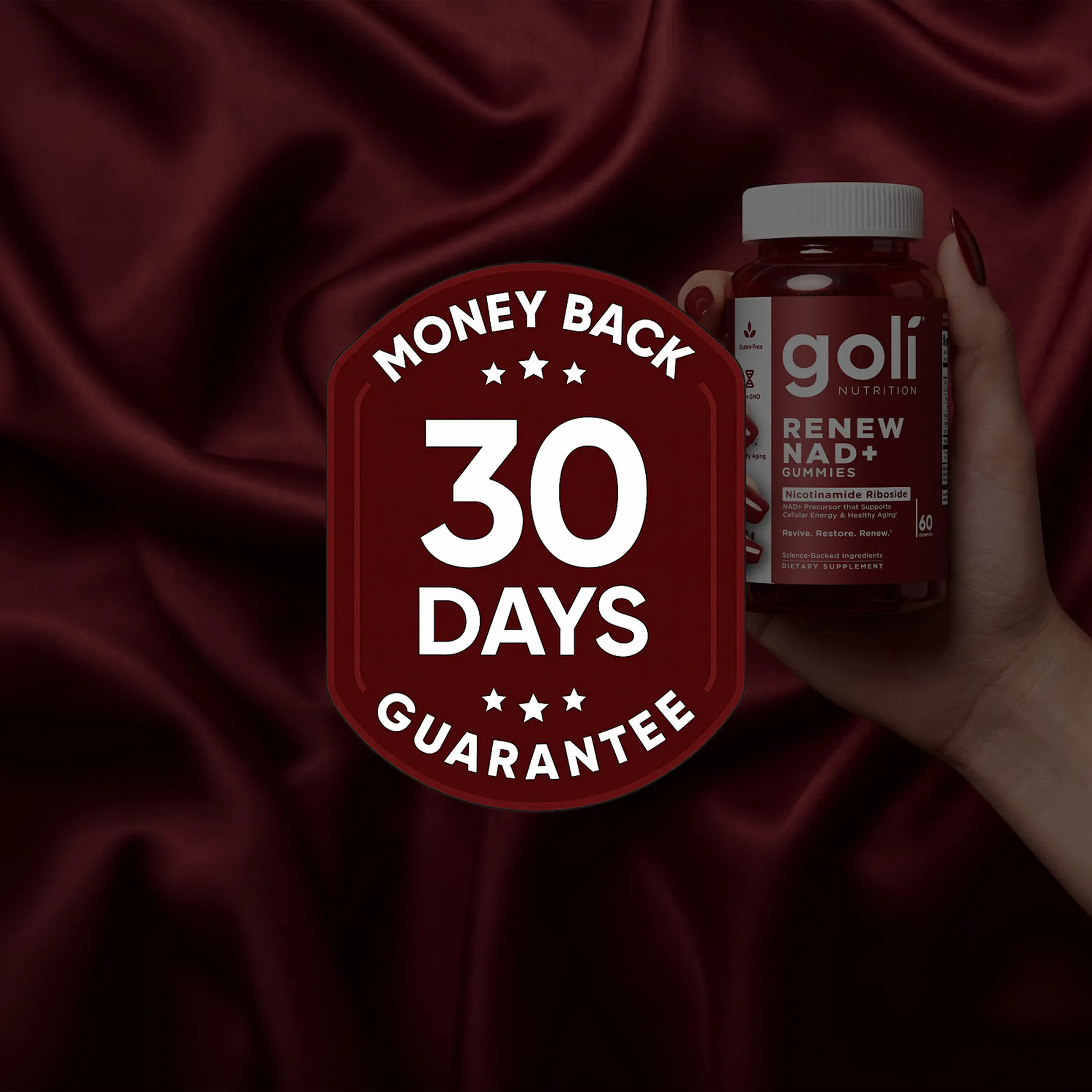 A hand holds a bottle of Goli Renew NAD+ Gummies next to a 30-day money-back guarantee badge.