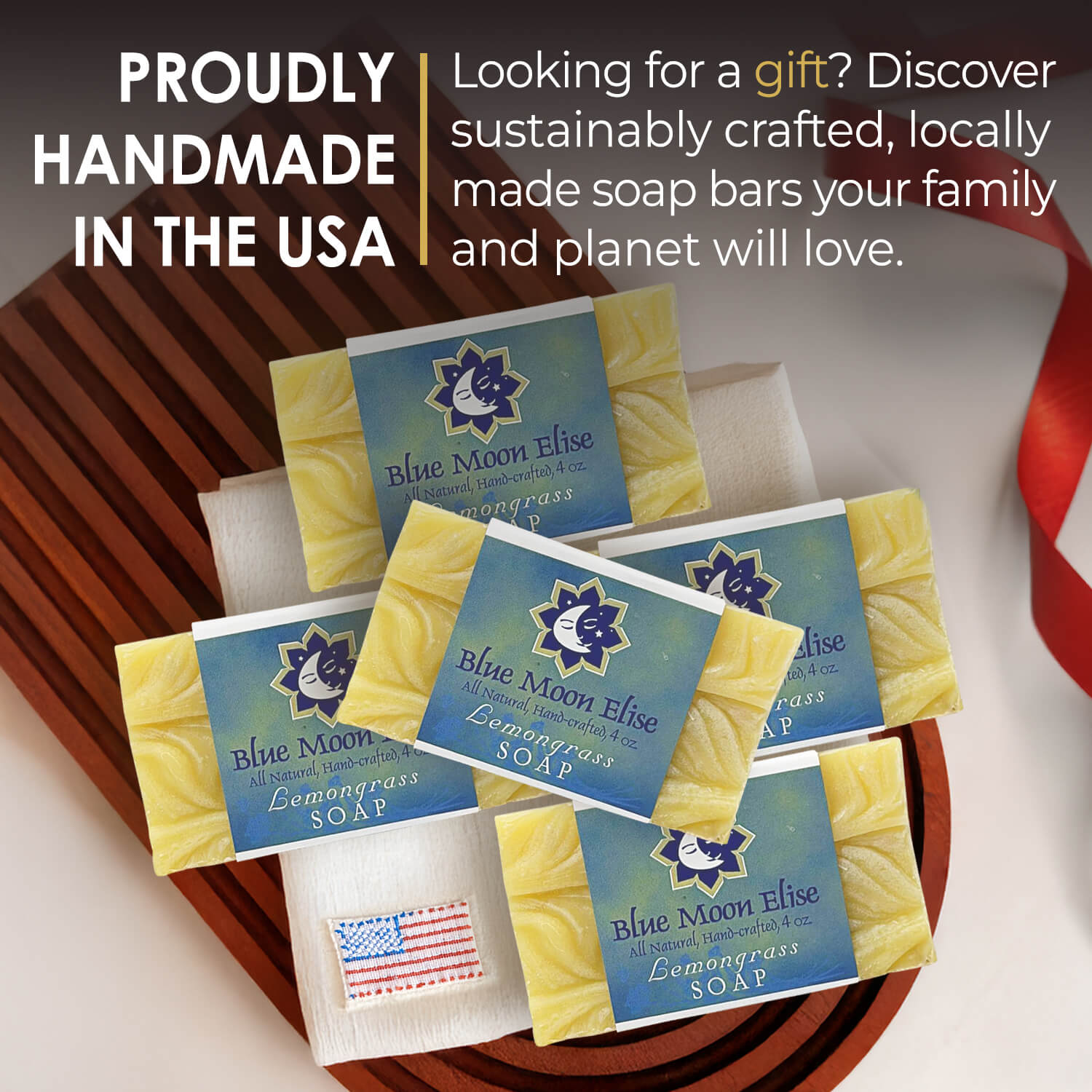 Five bars of Blue Moon Elise lemongrass soap on a wooden surface.