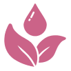 Pink leaf and droplet icon on a white background.