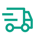 Simple green icon of a delivery truck with motion lines.