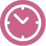 Pink clock icon with hour and minute hands.