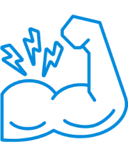 A blue outline of a flexed arm bicep with three lightning bolts above the muscle.