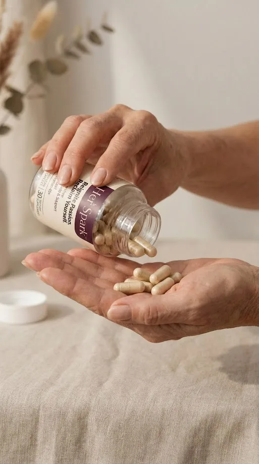 Hands pouring capsules from a bottle into a palm.