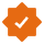 An orange, eight-pointed star icon with a black checkmark in the center on a black background.