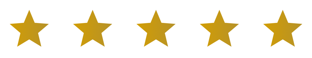 Five gold stars in a row on a transparent background.