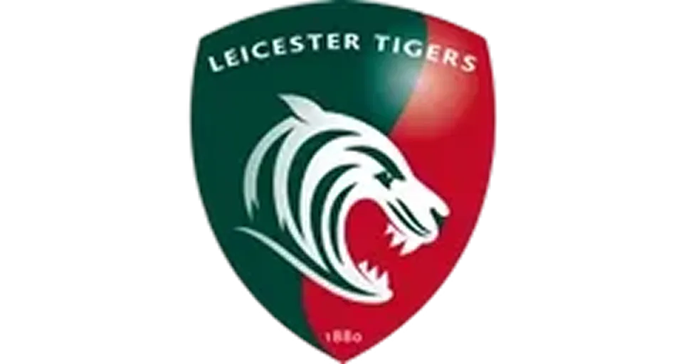 The Leicester Tigers rugby club logo, featuring a roaring tiger on a green and red shield.