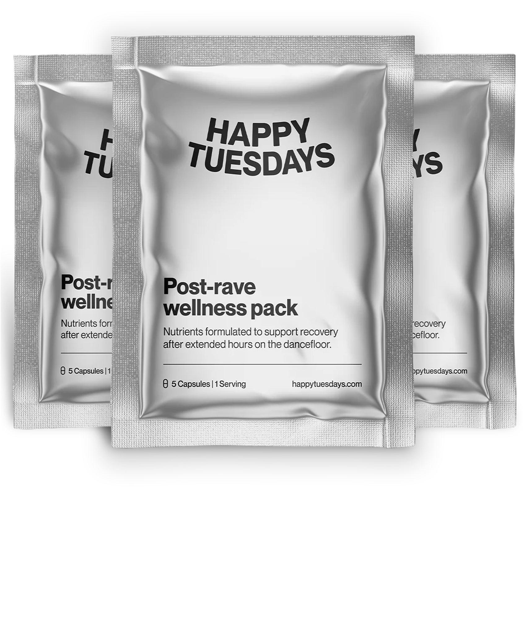 Three packets of 'Happy Tuesdays' electrolyte supplement.