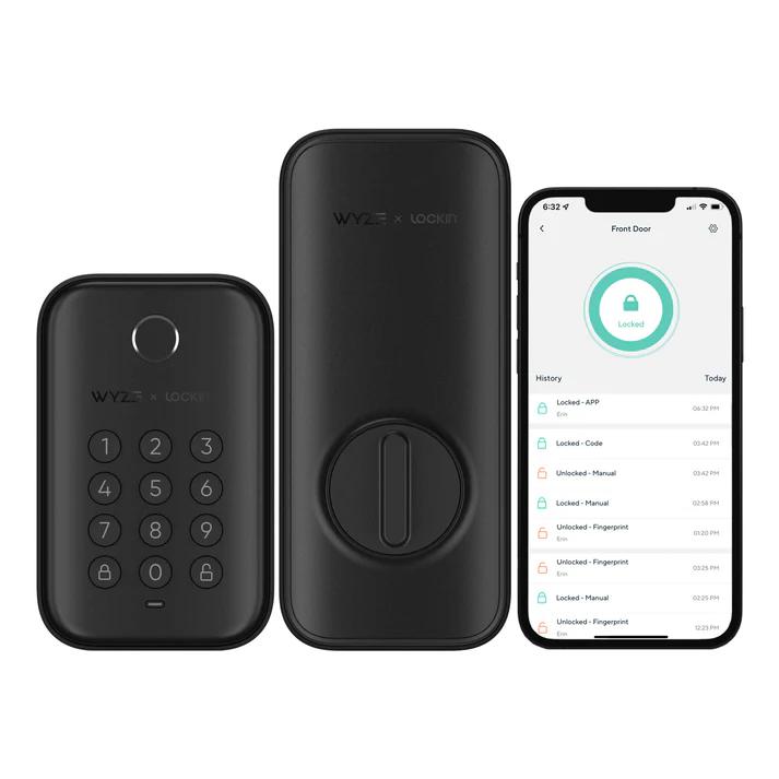 Smart lock with keypad and smartphone app interface displayed.