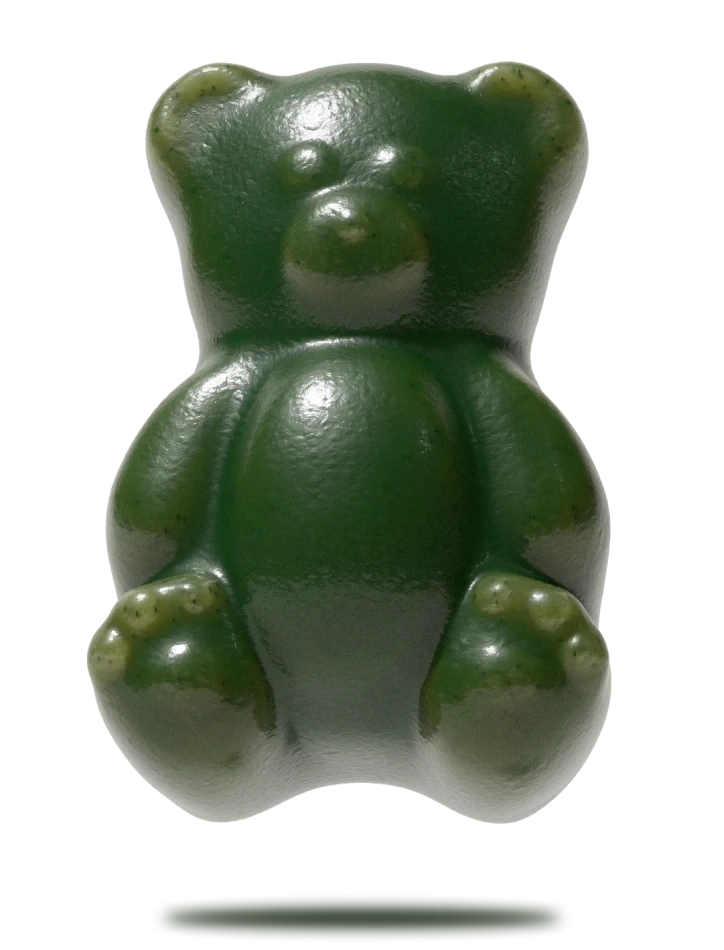 A single, translucent, bright green gummy candy shaped like a koala bear on a white background.
