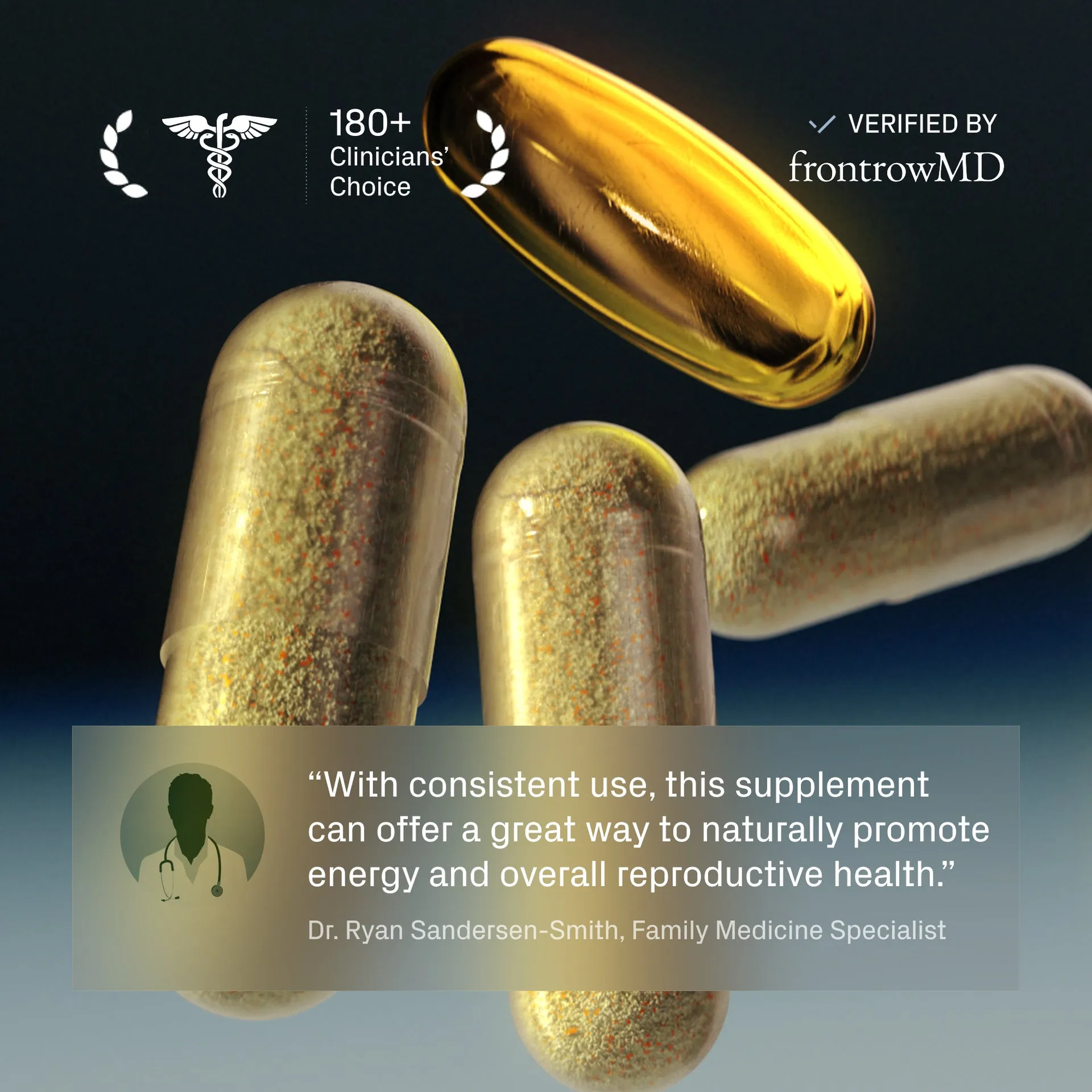An advertisement for a supplement showing capsules and a testimonial from Dr. Ryan Sandersen-Smith.