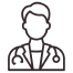 Outlined icon of a doctor with stethoscope.