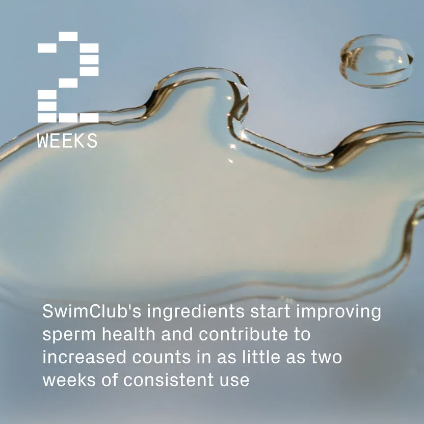 A stylized '2 WEEKS' graphic over a viscous liquid, with text about improving sperm health.