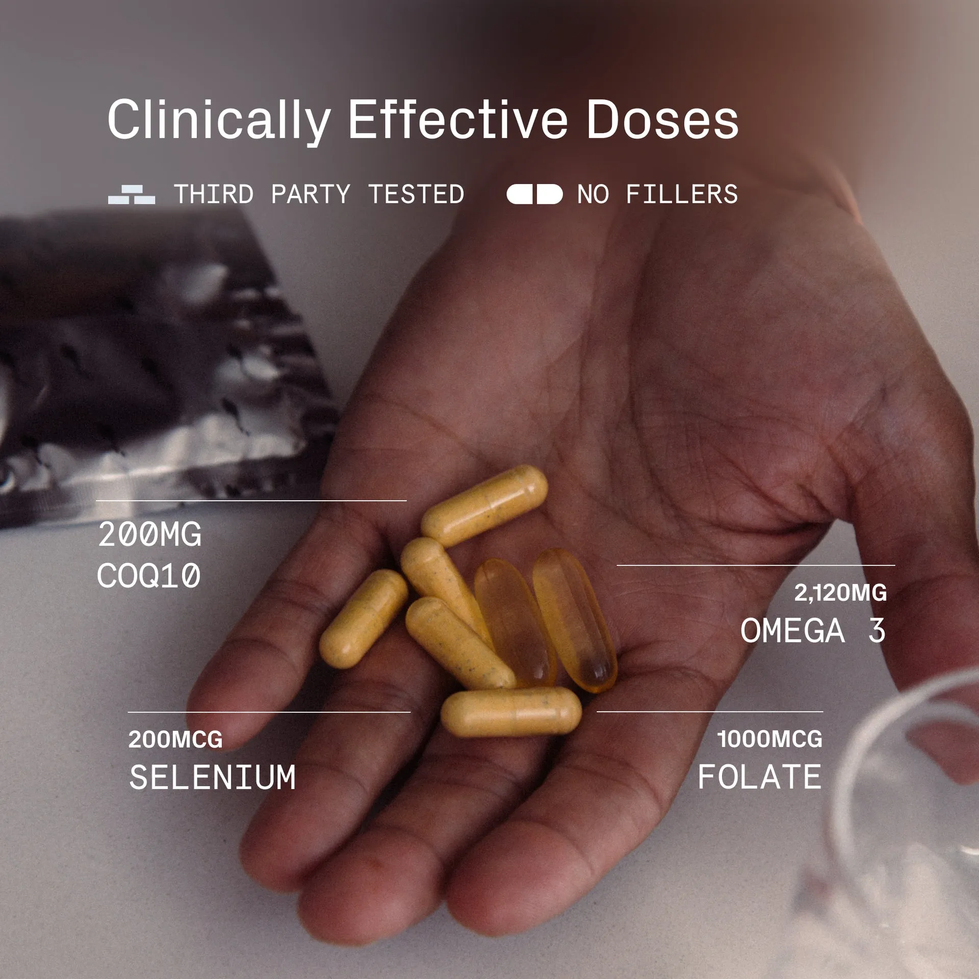 A hand holding supplement capsules with text overlay detailing the clinically effective doses of each ingredient.