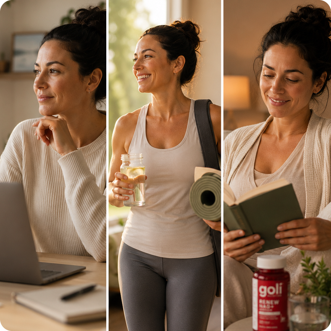 A collage of a woman working on a laptop, holding a yoga mat, and reading a book.