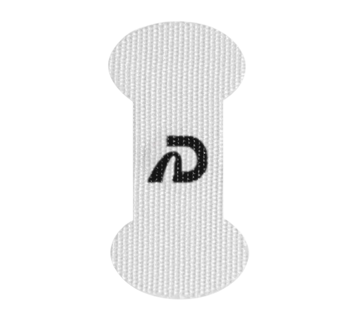 A white, I-shaped fabric tab with a black Hebrew letter Kaf printed in the center.