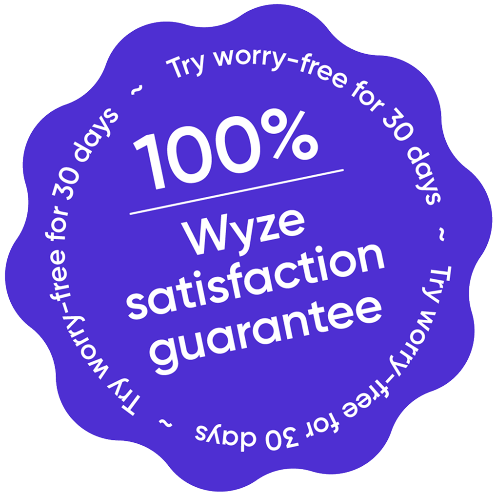 Purple badge with '100% Wyze satisfaction guarantee' text.