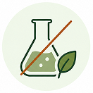 An icon showing a crossed-out laboratory flask next to a green leaf, on a light green circular background.