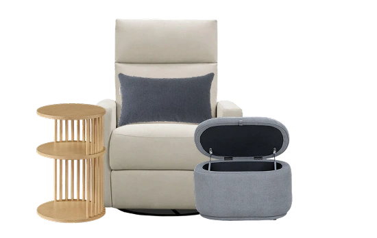 An off-white recliner, a light wood side table, and a gray storage ottoman against a white background.