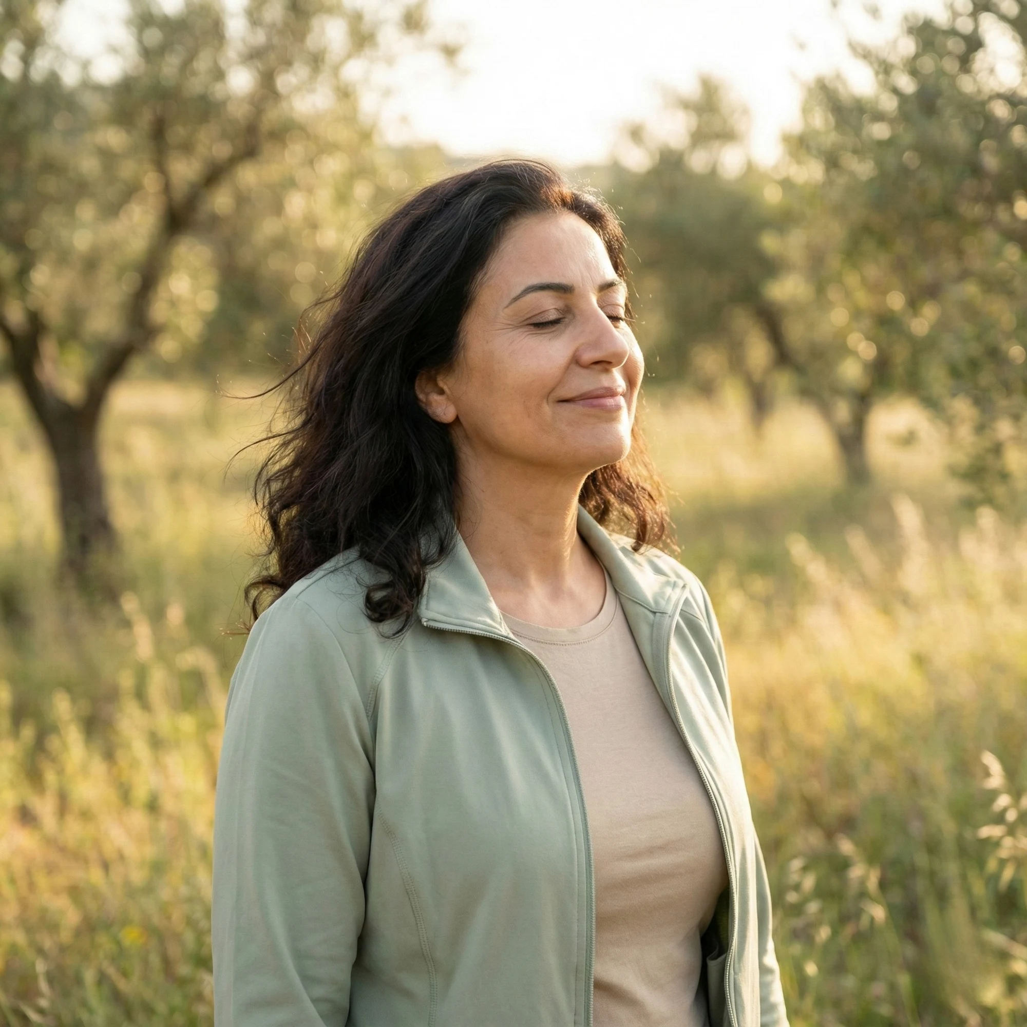 A woman standing outdoors in a sunlit field with trees, eyes closed, wearing a light jacket.