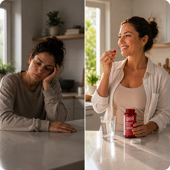 A split image showing a tired woman on the left and a smiling woman taking a supplement on the right.