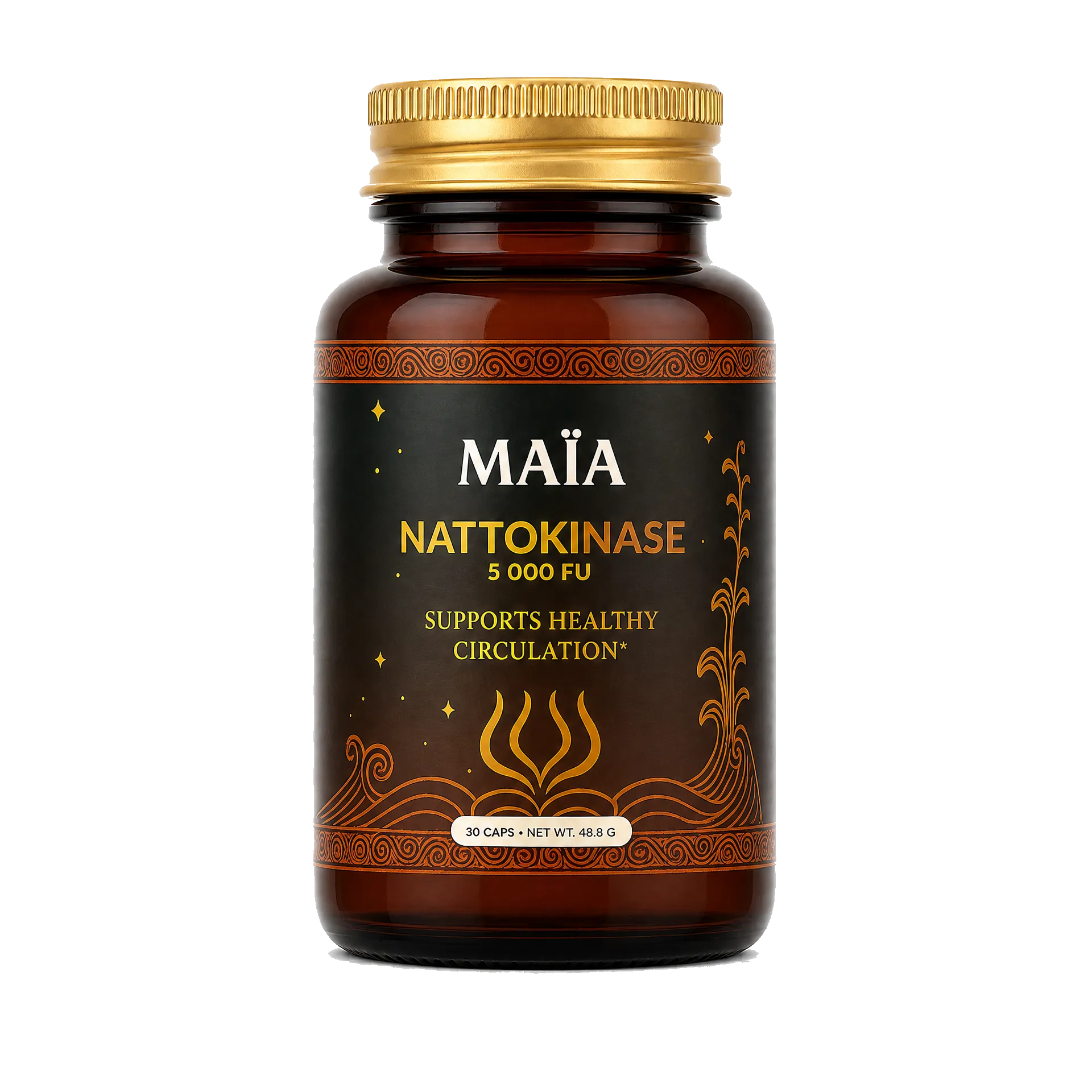 A brown glass bottle of Maïa Nattokinase supplements with a gold cap on a white background.
