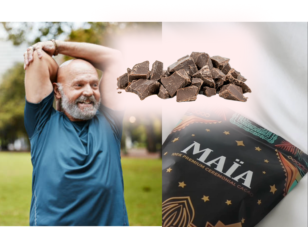 Man stretching outdoors, chocolate pieces, and a cacao package.