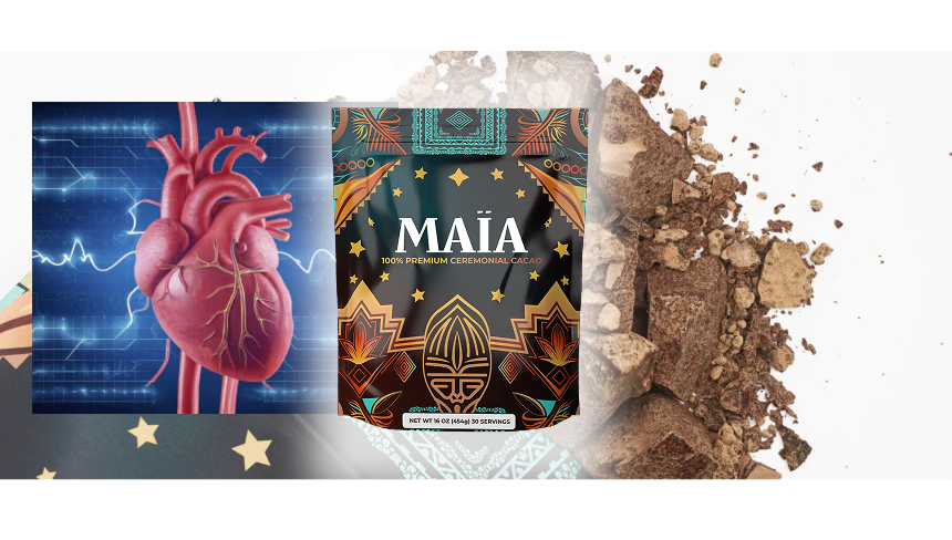 Illustration of a heart, Maia cacao packaging, and cacao pieces on a white background.