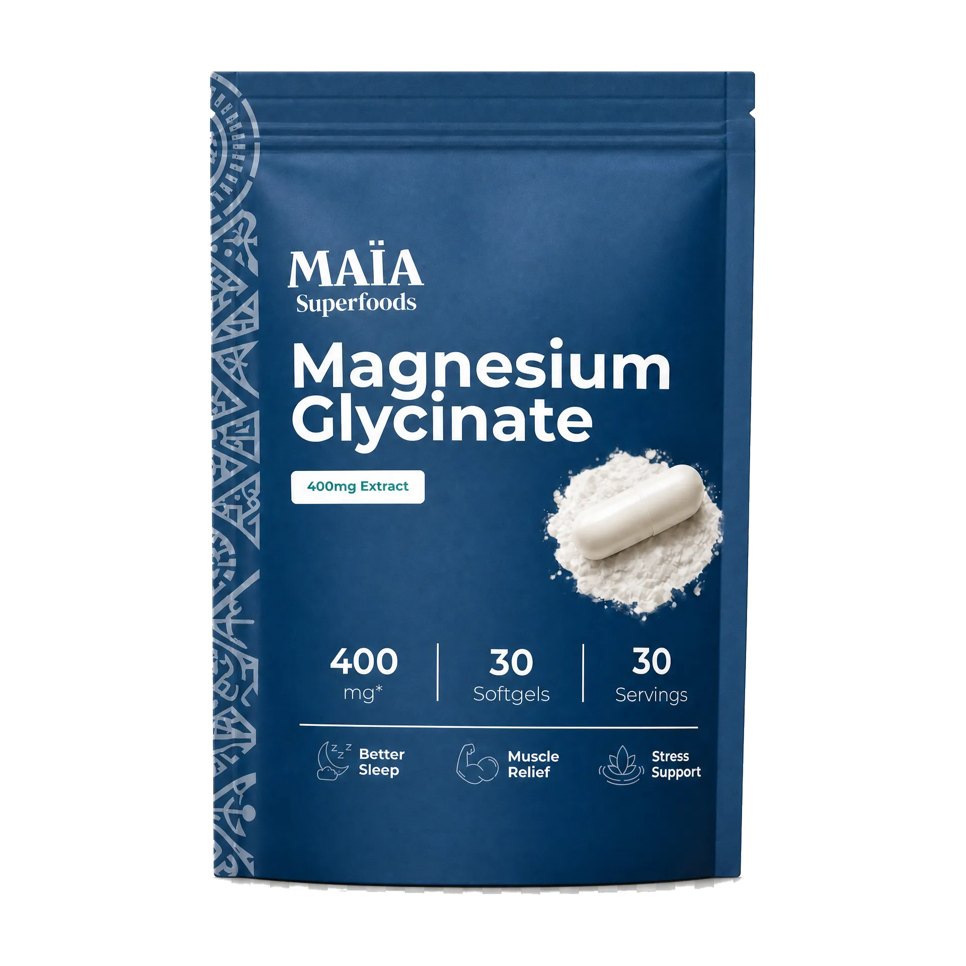 A blue pouch of MAÏA Superfoods Magnesium Glycinate supplements, with one softgel capsule shown on a pile of powder.