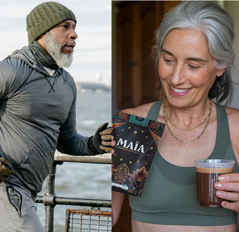Split image: man jogging outdoors, woman holding a drink and a Maia package indoors.