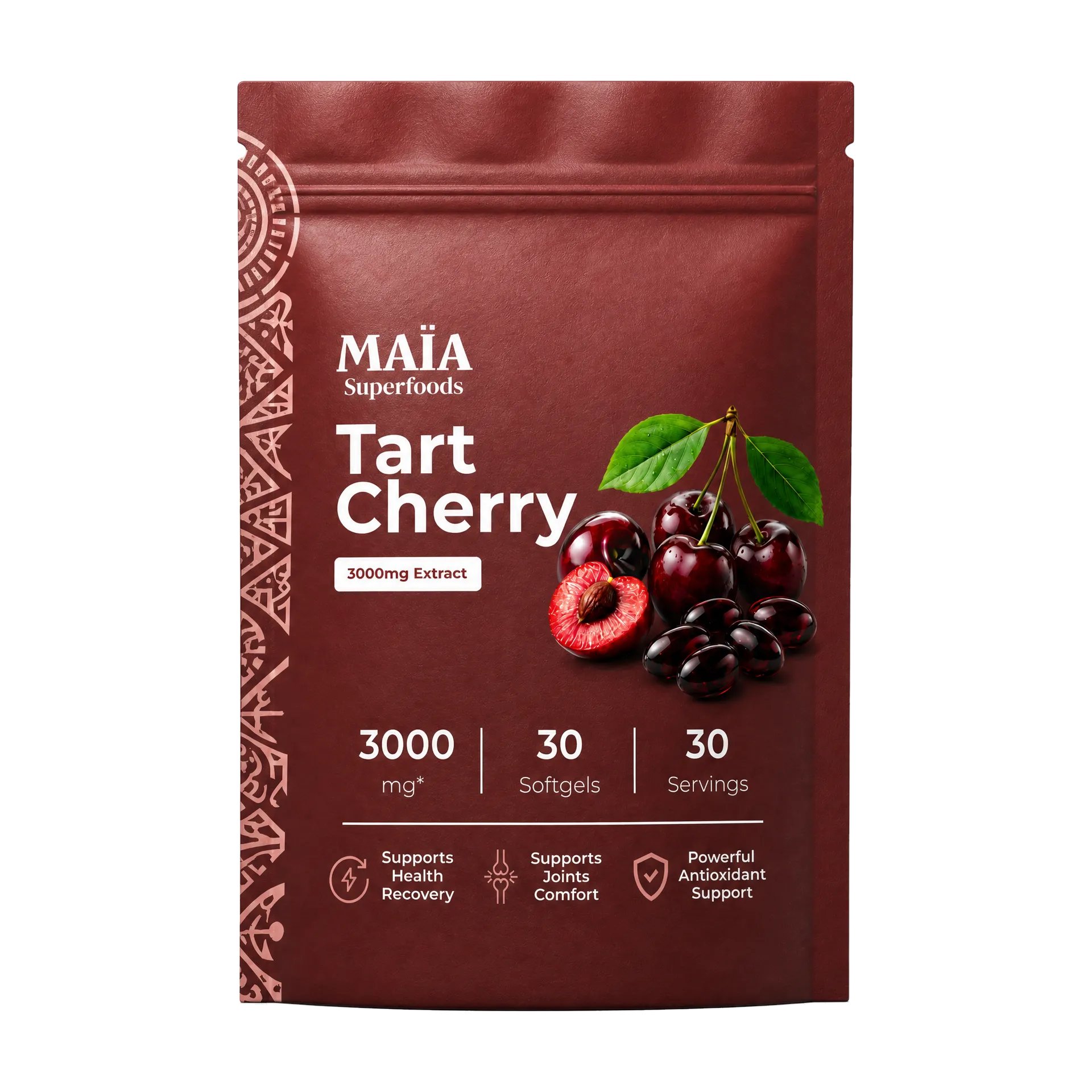 A red pouch of MAIA Superfoods Tart Cherry 3000mg Extract softgels with an image of cherries.