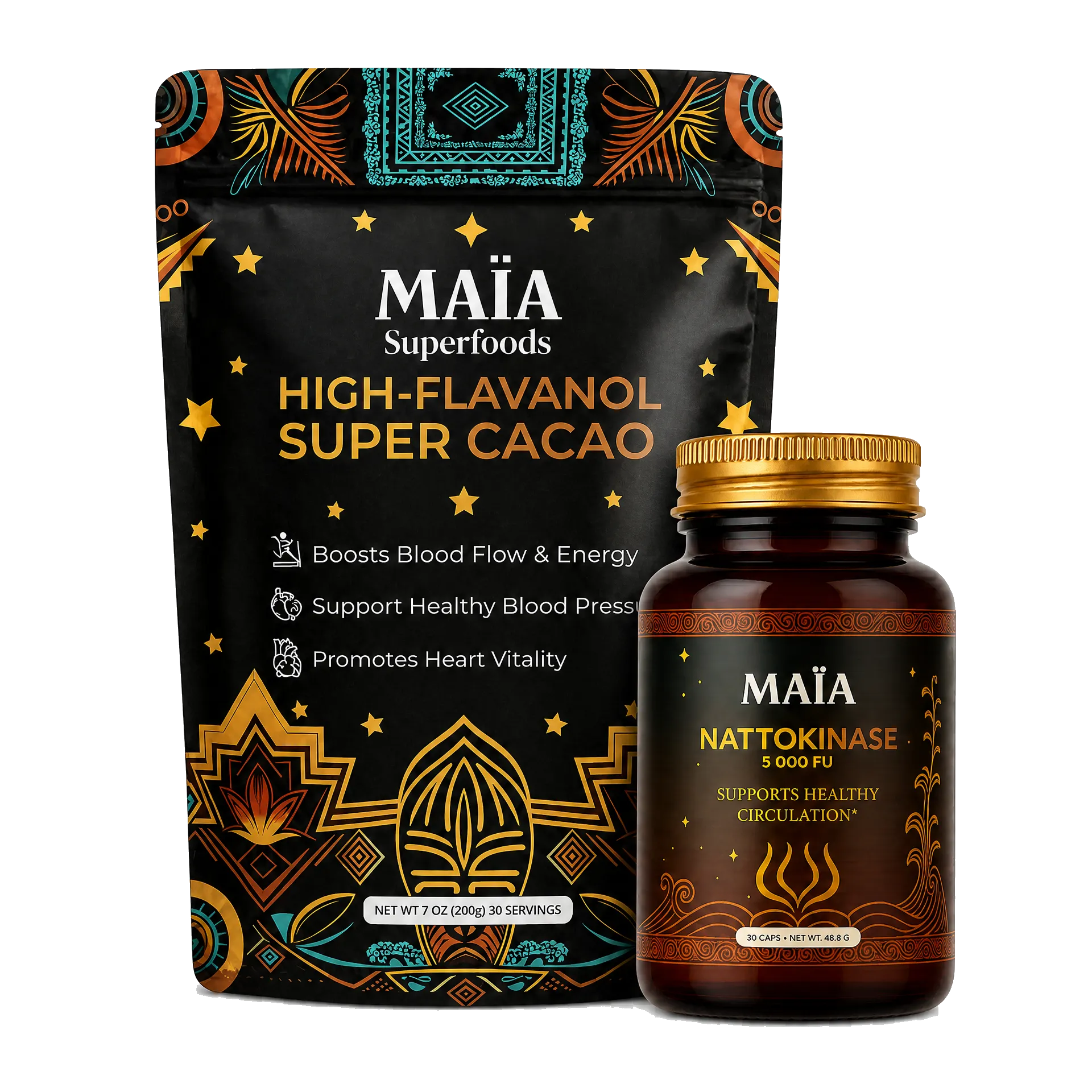 A pouch of Maïa Superfoods High-Flavanol Super Cacao next to a bottle of Maïa Nattokinase supplements.